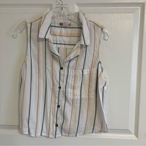 SO White Sleeveless Button-Up Top with Green and Yellow Stripes Cotton Large